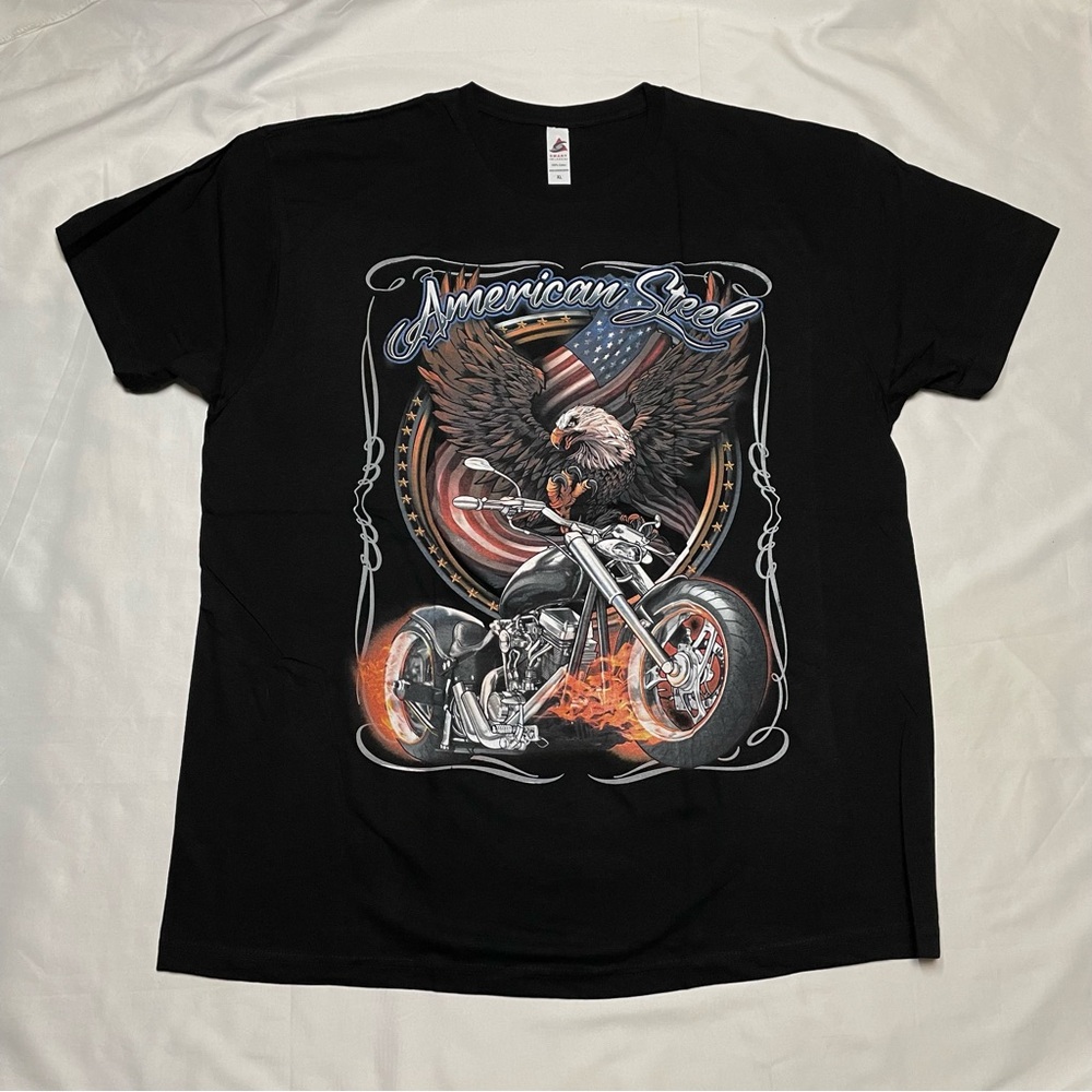 Men’s American Steel T-Shirt with Eagle, Flag Design and Motorcycle Design
